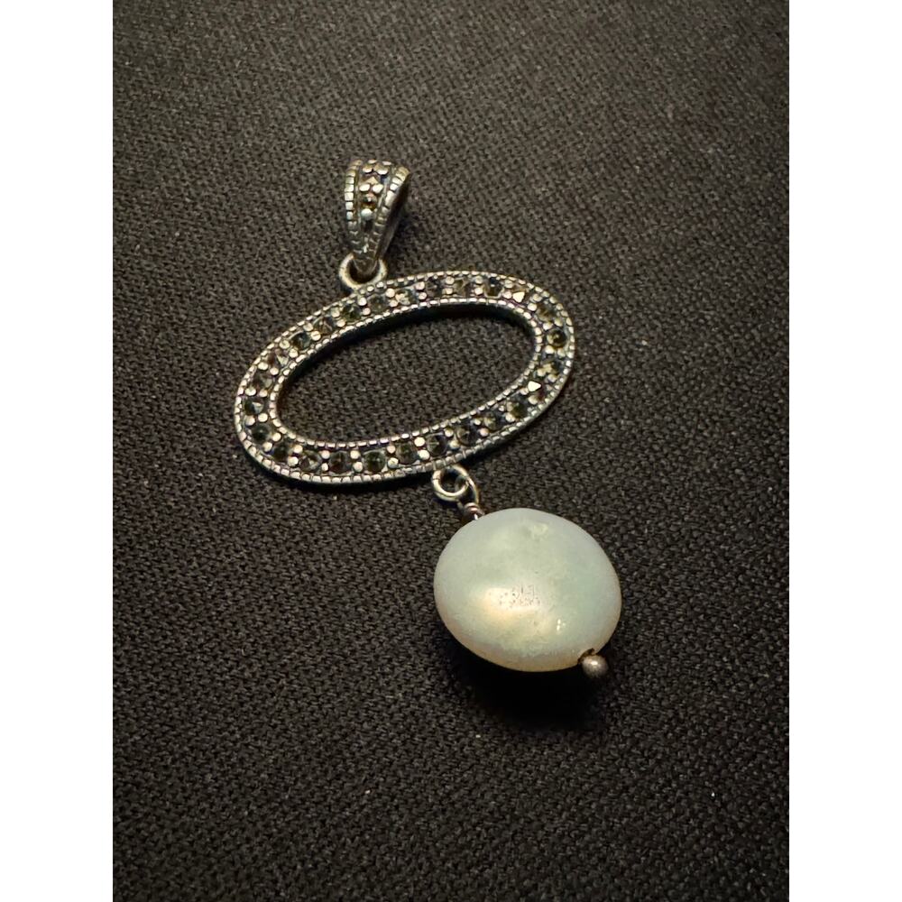 Vintage 925 Sterling Baroque Pearl‎ and Marcasite Pendant